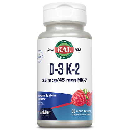 KAL Vitamin D3 K2 ActivMelt, Bone Health, Heart and Immune Support Supplement w/ D3 1000 IU and MK7 Vitamin K2, Instant Dissolve Tabs, Natural Raspberry Flavor, 60 Servings, 60 Micro Tablets