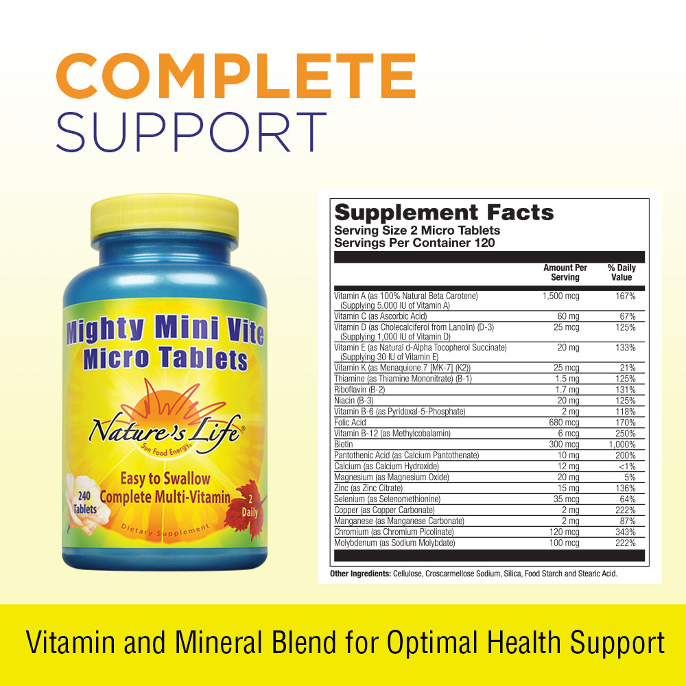 Nature's Life Mighty Mini Vite Complete Daily Multivitamin No Iodine or Iron Easy to Swallow 240 Micro Tablets