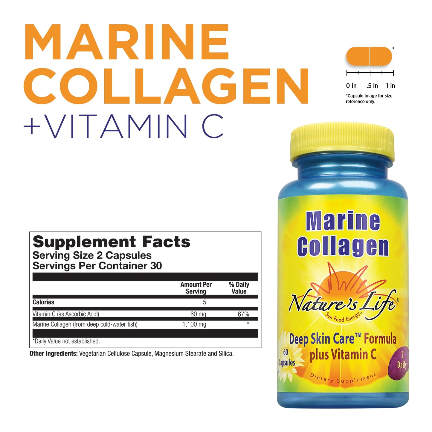 Natures Life Marine Collagen Deep Skin Care Formula Plus Vitamin C | From Deep Cold-Water Fish | 30 Servings, 60 Caps