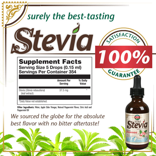 KAL Sure Stevia Drops, Low Carb, Zero Calorie Sweetener, Keto Friendly, Great Tasting Liquid Stevia, Low Glycemic, 60-Day Money Back Guarantee (Peppermint)