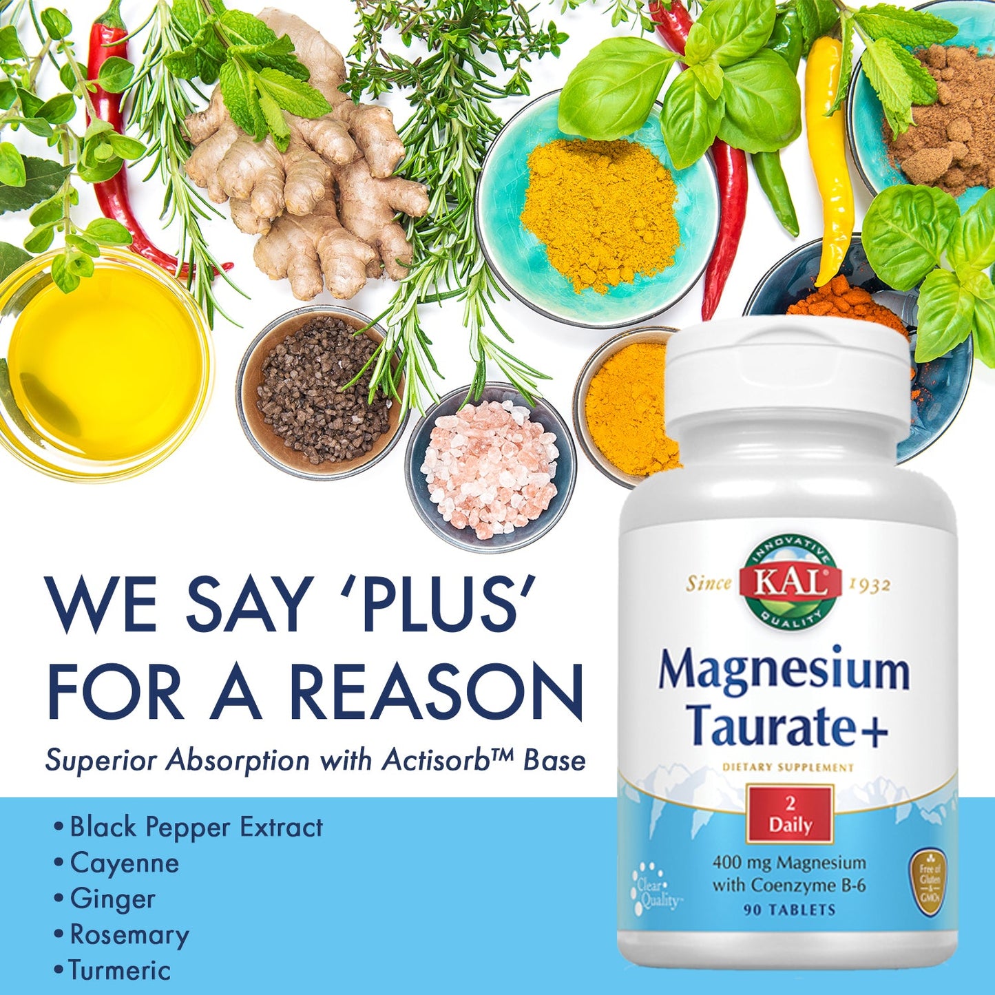 KAL Magnesium Taurate 400mg Plus CoEnzyme Vitamin B6, Chelated Magnesium Supplement, Healthy Muscle Function, Nerve and Heart Health Support, Gluten Free, Vegan, 60-Day Guarantee (90 CT, 2pk)
