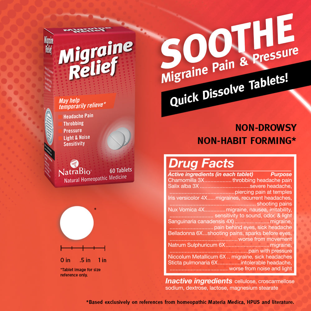 NatraBio Migraine Relief | May Help Temporarily Relieve Headache Pain, Light & Noise Sensitivity | Non-Drowsy Formula | 60 Quick-Dissolve Tablets