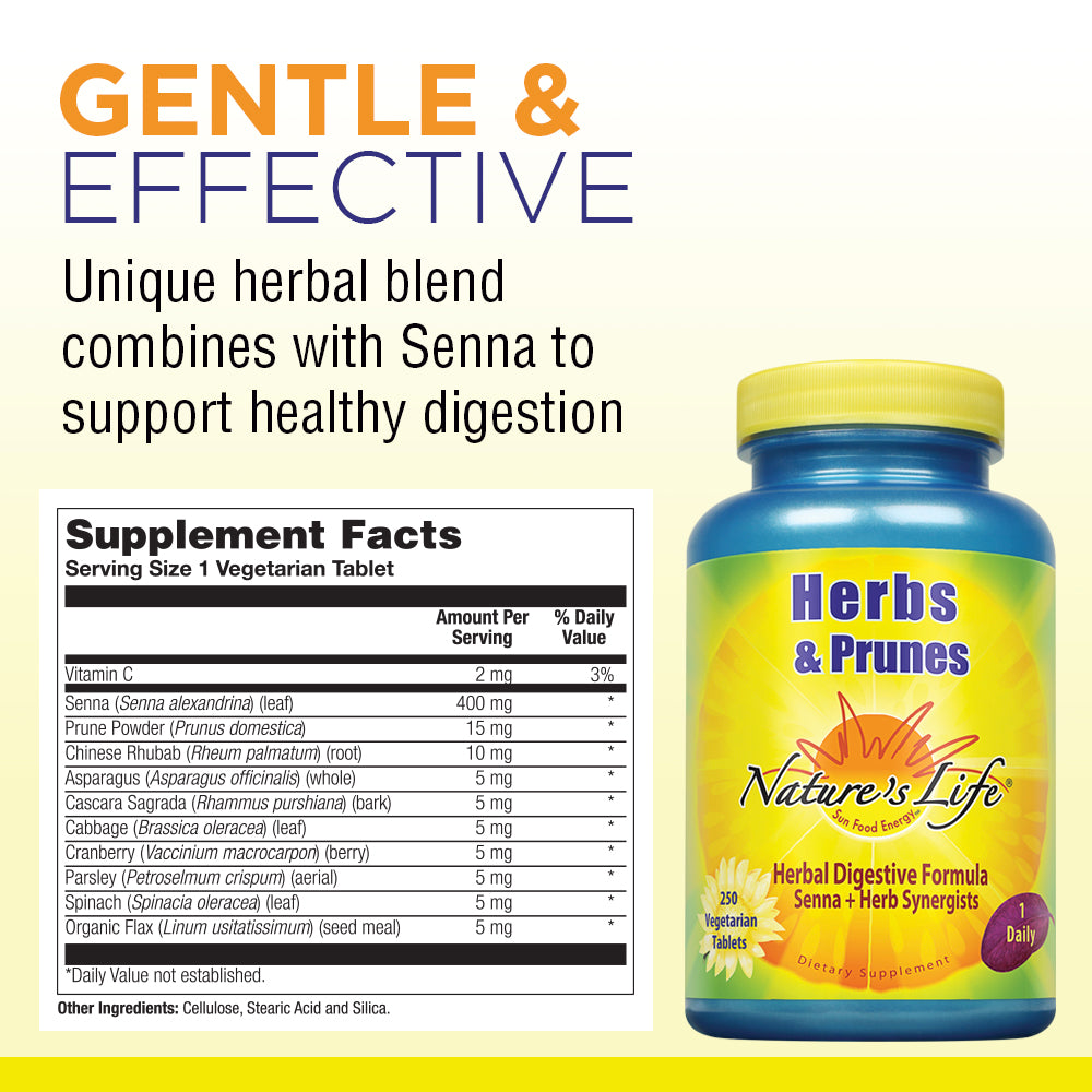 Natures Life Herbs & Prunes | 400mg Senna & Herbal Blend for Healthy Digestion Support | Non-GMO (250 Count (Pack of 1))