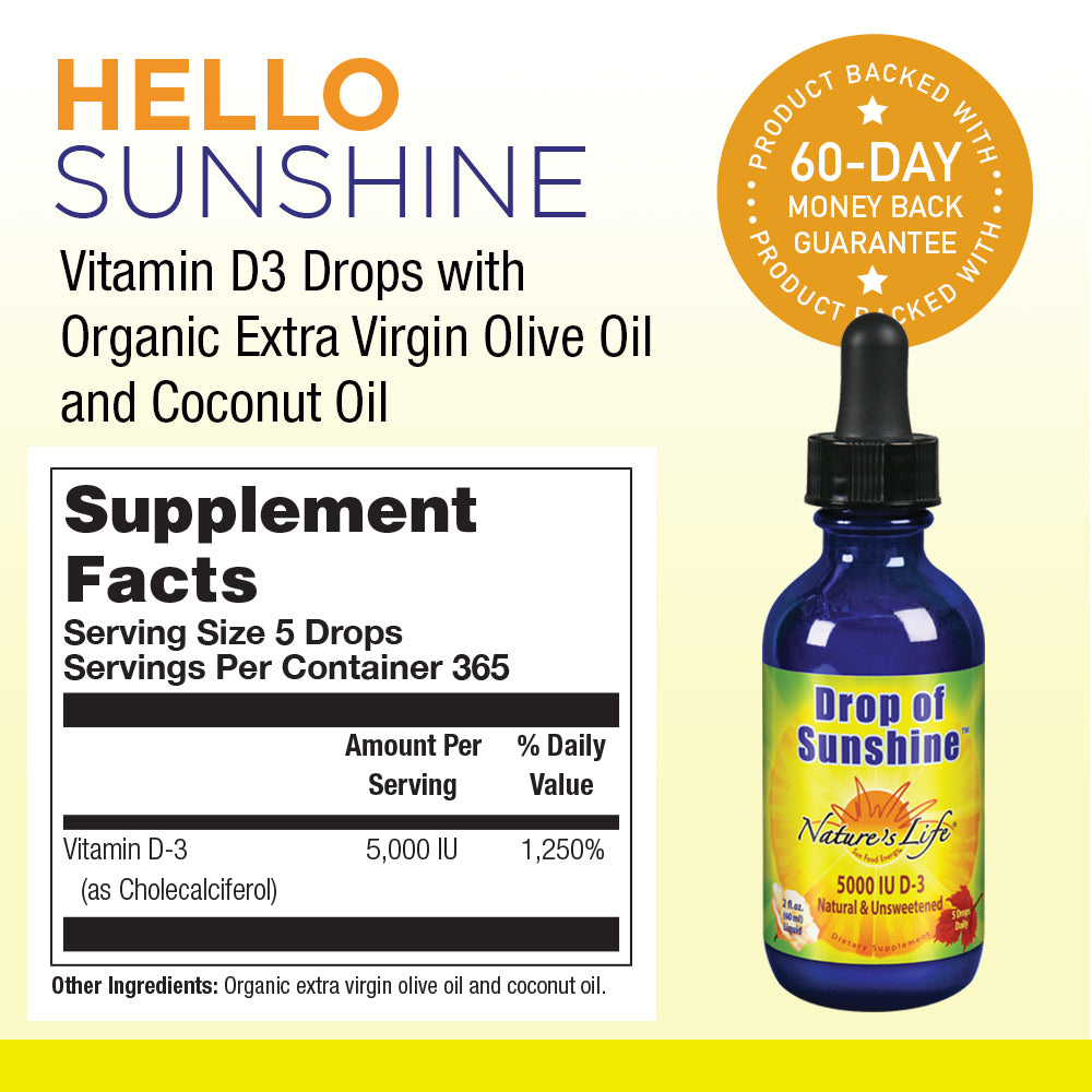 Nature's Life Drop of Sunshine Vitamin D-3 Drops in Organic Extra Virgin Olive Oil & Coconut Oil 5000IU | Supports Strong Bones & Immune System | 2 oz