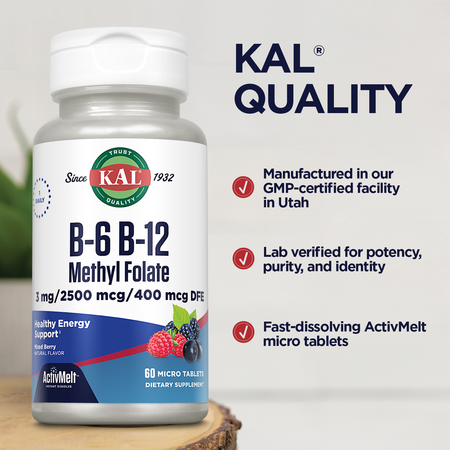 KAL B-6 B-12 Methyl Folate ActivMelt | Healthy Heart & Energy Support | Natural Mixed Berry Flavor | Active, Coenzyme Forms | 60 Micro Tablets