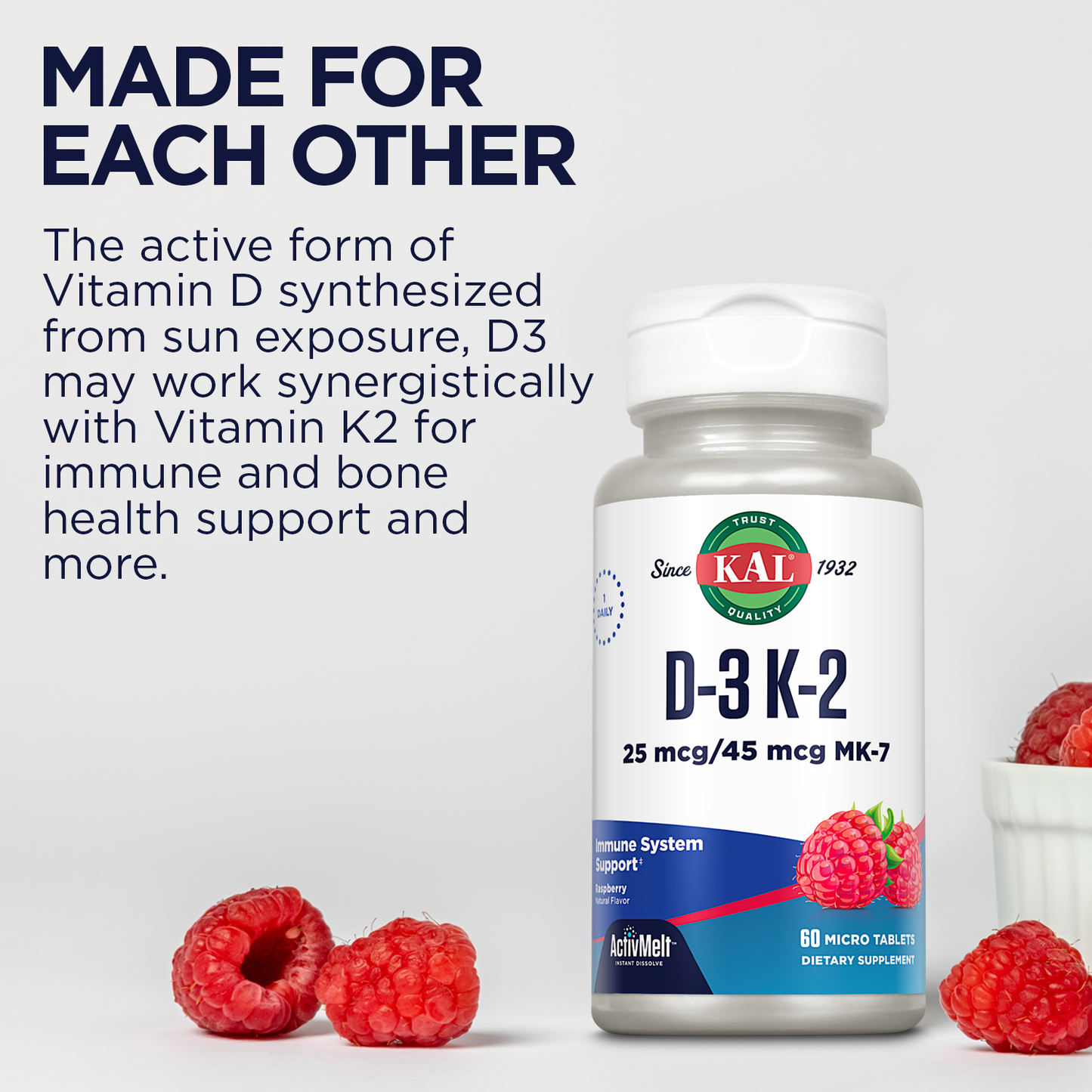 KAL Vitamin D3 K2 ActivMelt, Bone Health, Heart and Immune Support Supplement w/ D3 1000 IU and MK7 Vitamin K2, Instant Dissolve Tabs, Natural Raspberry Flavor, 60 Servings, 60 Micro Tablets