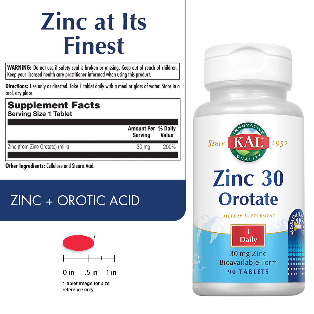 KAL Zinc Orotate Sustained Release 30mg | Healthy Protein Synthesis, Growth, Energy & Metabolism Support | 90 Tablets