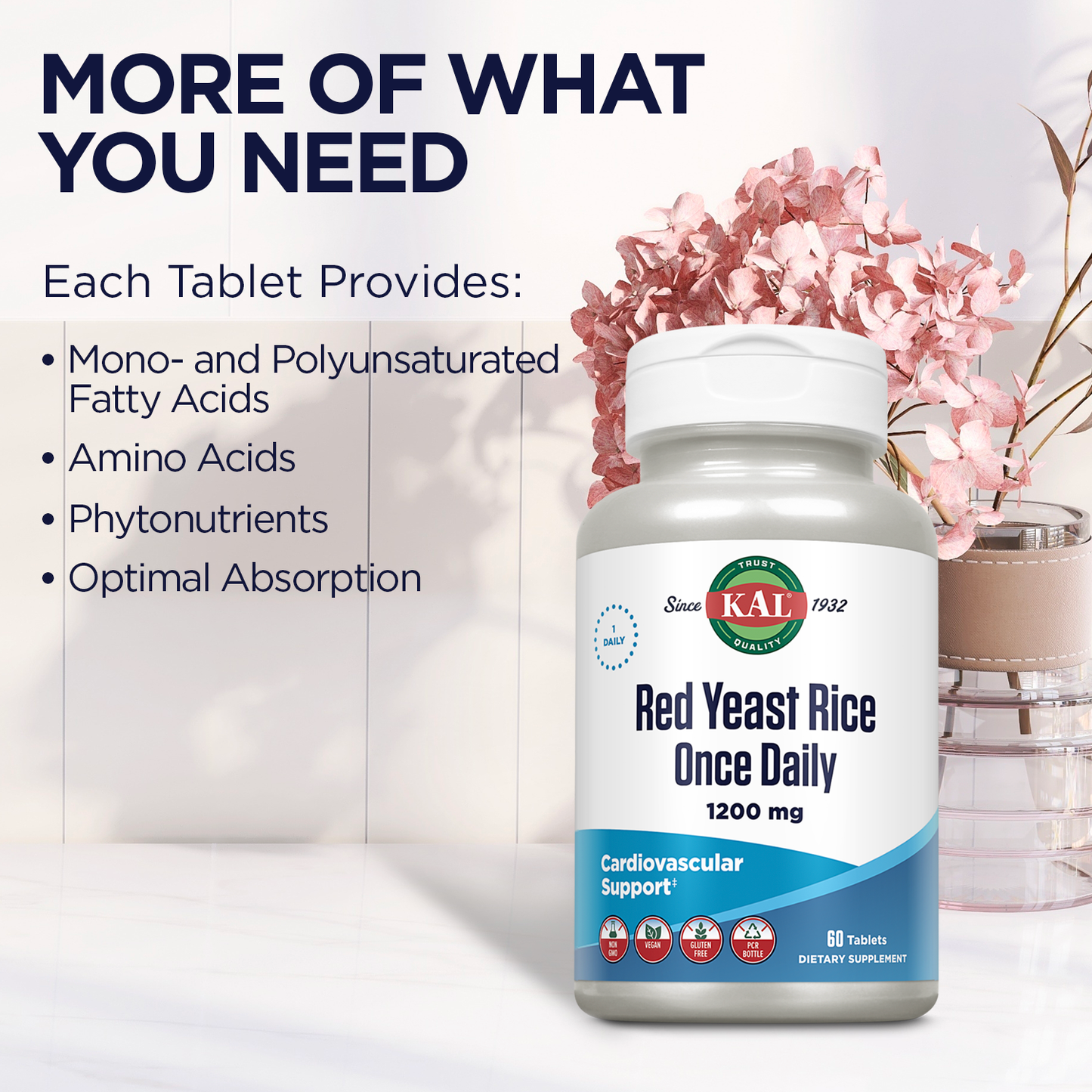 KAL Red Yeast Rice Once Daily 1200mg. Capsules With Unsaturated Fatty Acids, Amino Acids & Phytonutrients Rapid Disintegration 60 Tablets