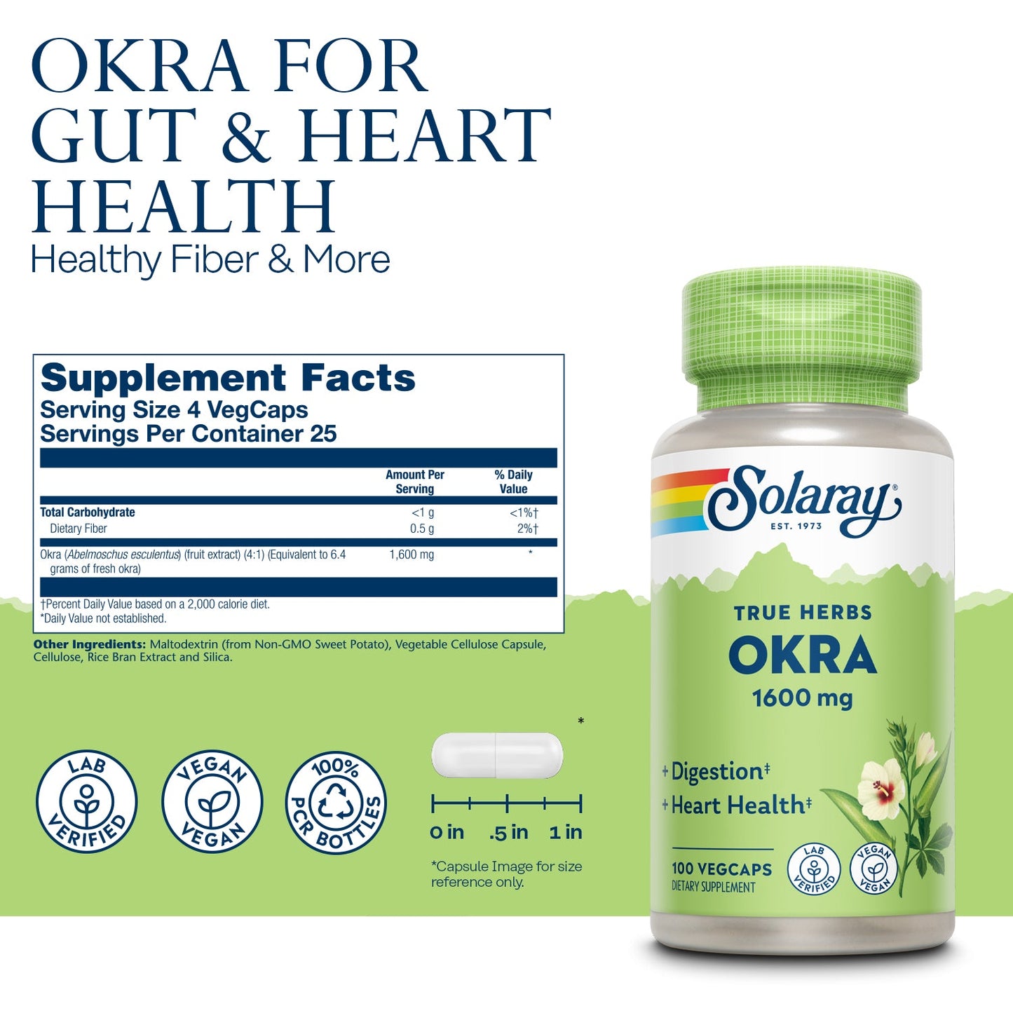 Solaray Okra Fruit 400mg Healthy Digestion & Cardiovascular Function Soluble Fiber Including Gums & Pectins Non-GMO & Vegan 100 VegCaps