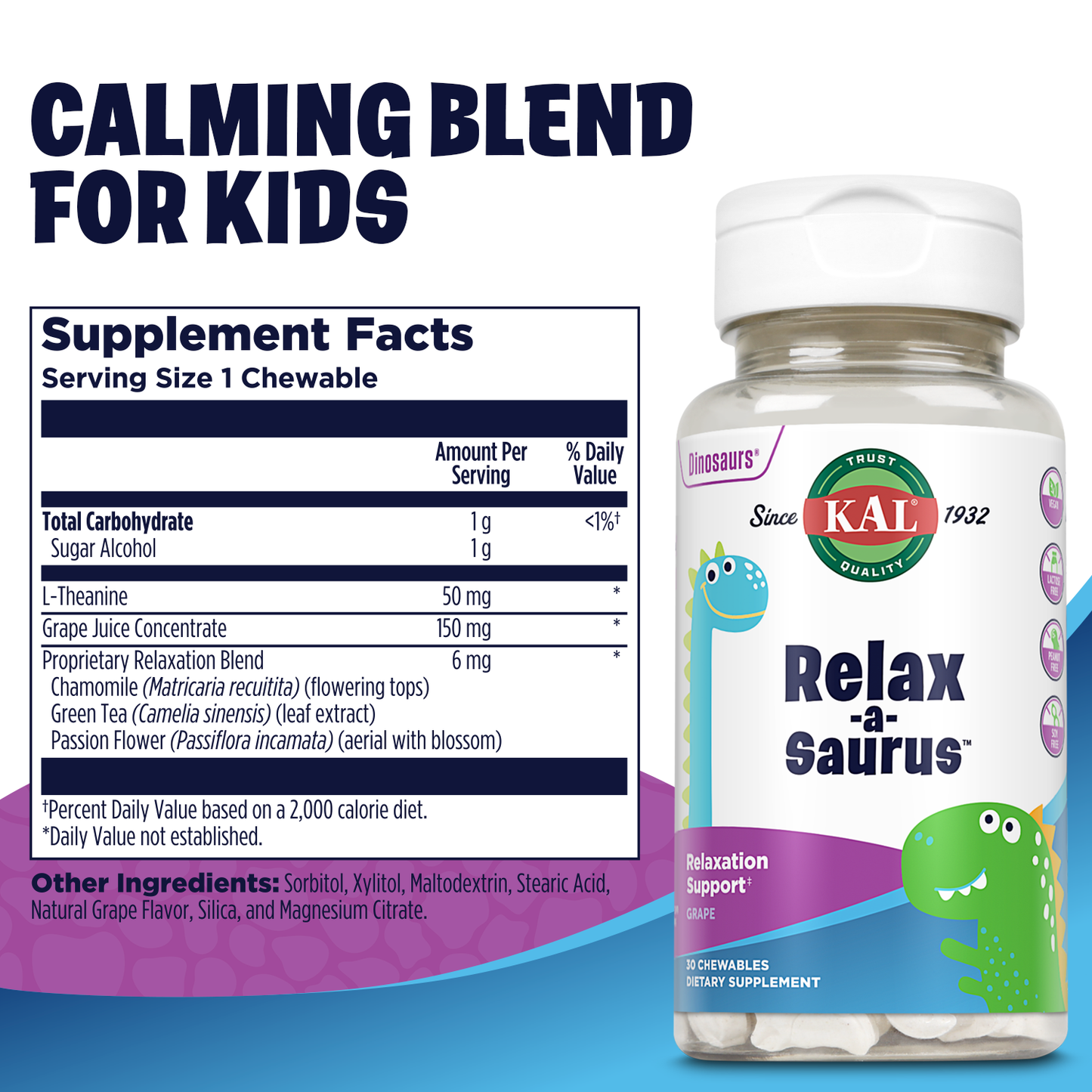 KAL Relax-a-Saurus, Stress Support for Kids , L-Theanine Relaxation Blend for Children , No Sugar, Grape Flavor Chewables , 30 Servings