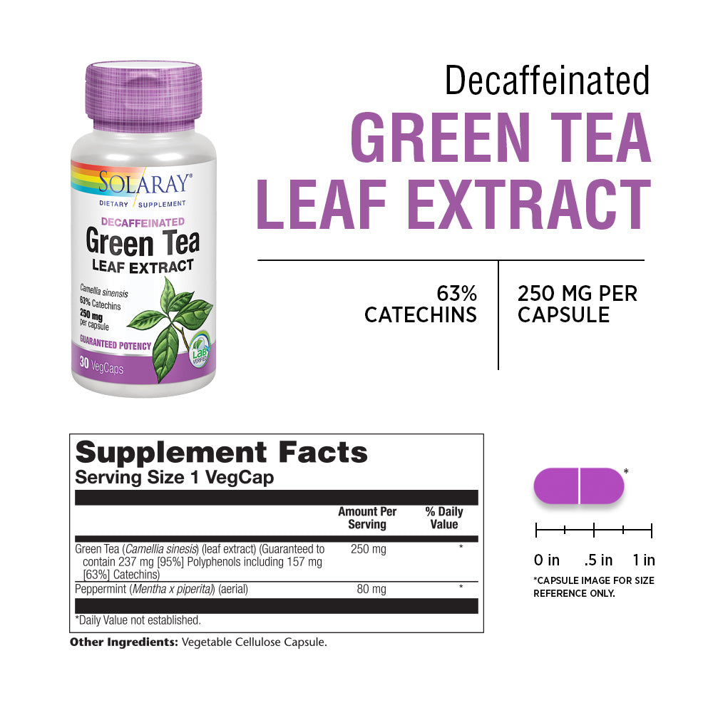 Solaray Green Tea Leaf Extract 250 mg | Healthy Energy, Antioxidant, Mood & Mind Support | Decaffeinated | 30 VegCaps