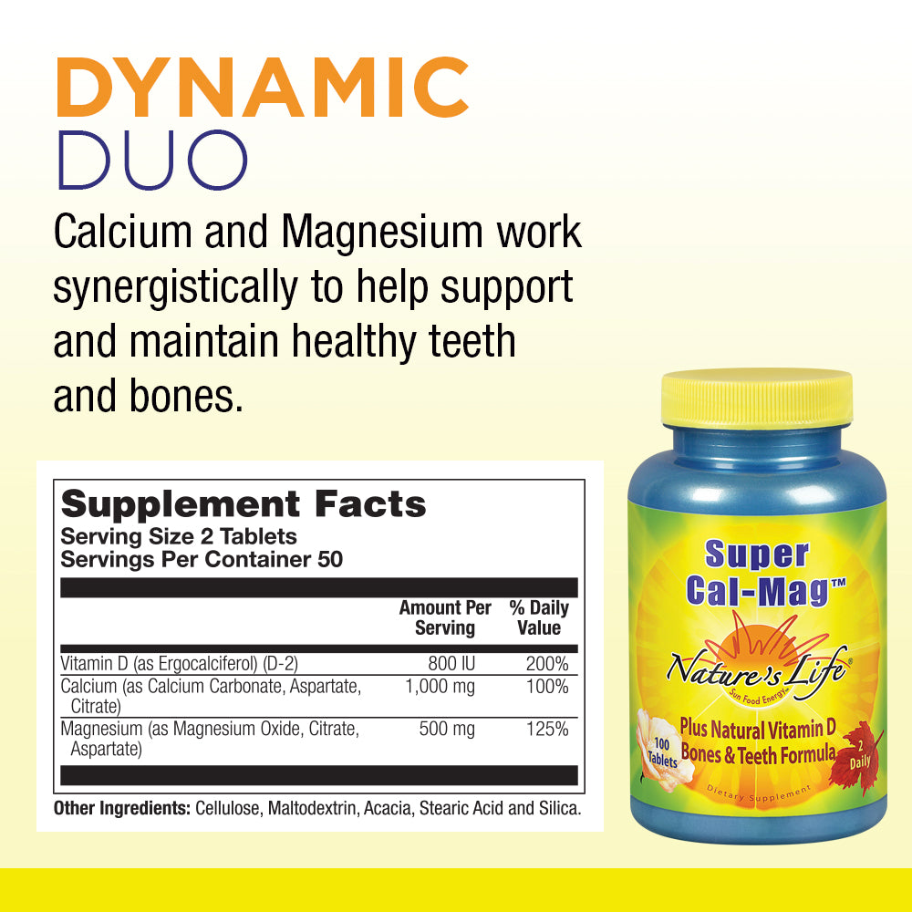 Nature's Life Super Cal Mag | 1000mg of Calcium & 500mg of Magnesium with Vitamin D-2 | Healthy Teeth & Bones Support (100 CT)