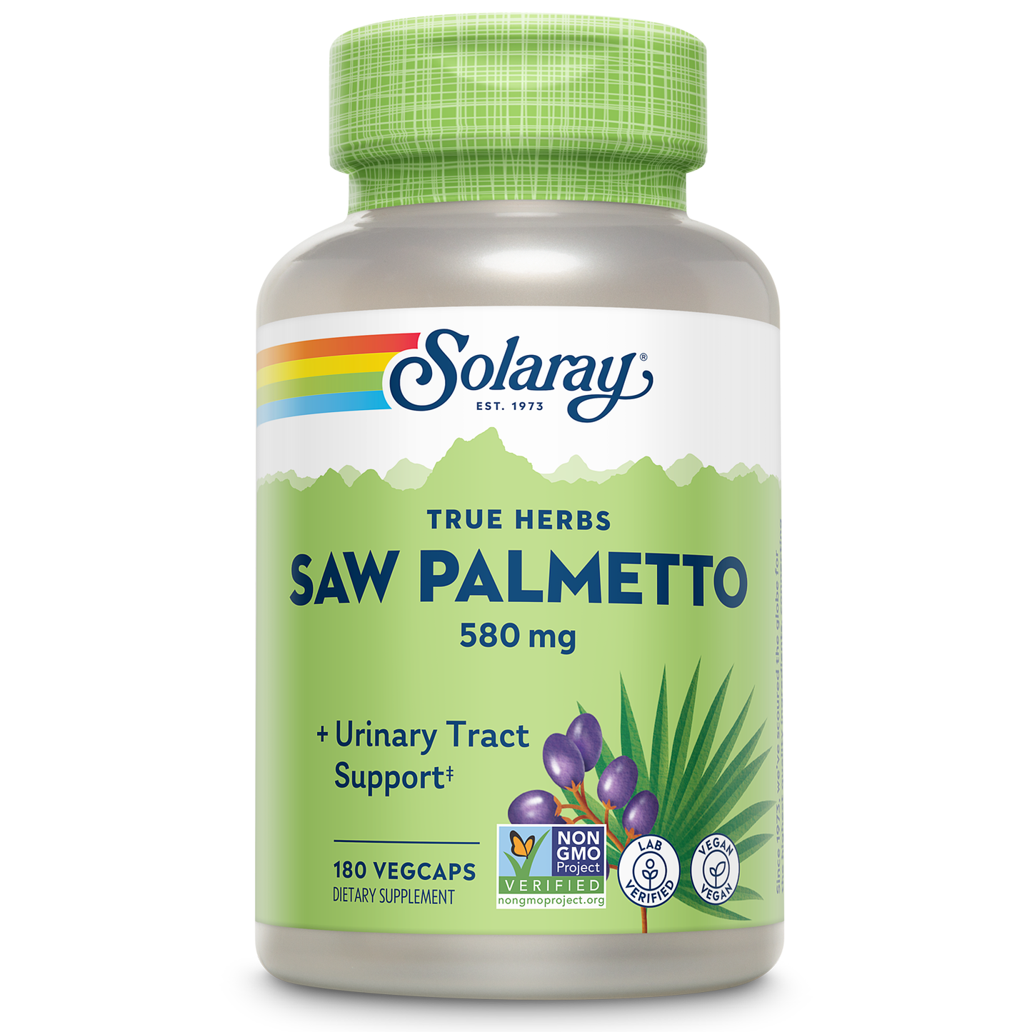 Solaray Saw Palmetto Berry 580 mg, Healthy Prostate and Urinary Tract Support from Fatty Acids & Plant Sterols for Men and Women, Non-GMO, Vegan & Lab Verified, 180 VegCaps, 180 Servings