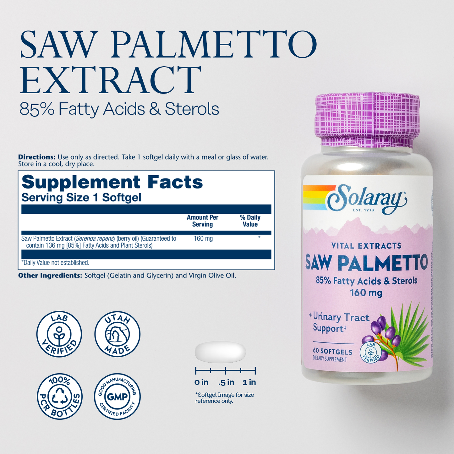 Solaray Saw Palmetto Extract - Prostate Health and Urinary Tract Support - 136 mg Fatty Acids and Sterols - Lab Verified, 60-Day Money-Back Guarantee