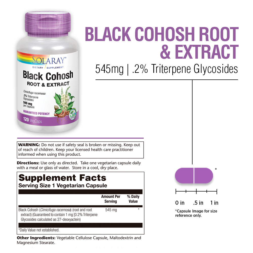 Solaray Black Cohosh Root & Extract 545mg | Womens Health & Menopause Support Supplement | Non-GMO | 120 VegCaps