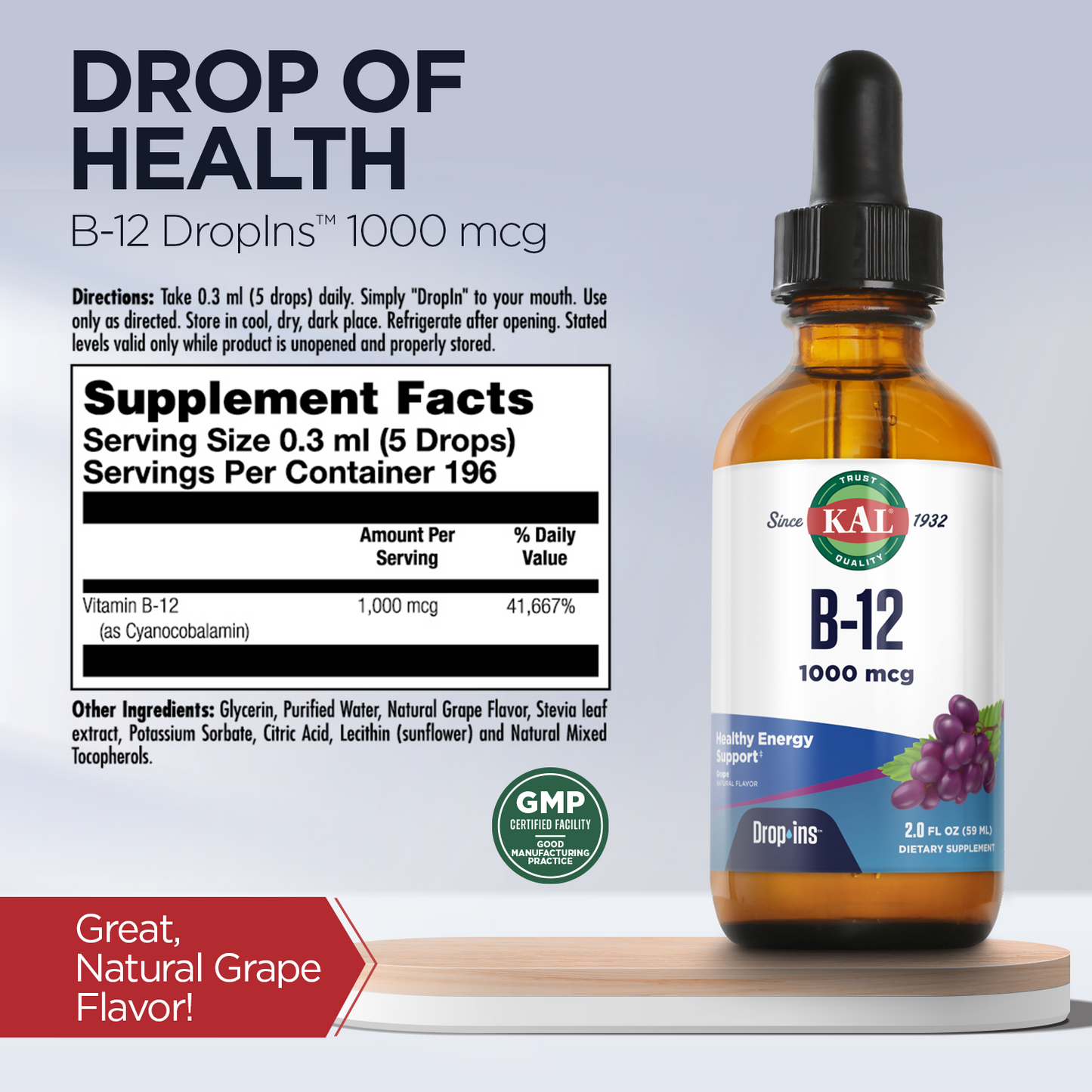 KAL B12 1000 mcg DropIns, High Absorption Liquid B12 Vitamin, Healthy Energy Supplements for Metabolism, Heart Health, Nerve, Red Blood Cell Support, Natural Grape Flavor B12 Drops, 196 Servings, 2oz