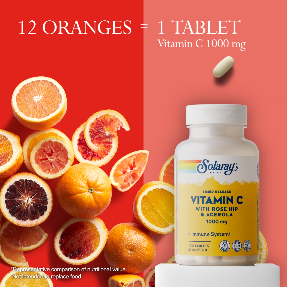 Solaray Vitamin C w/ Rose Hips & Acerola, 1000mg, Two-Stage Timed-Release Healthy Immune Function (250 Tabs) ( 100 Servings, 100 Tablets)
