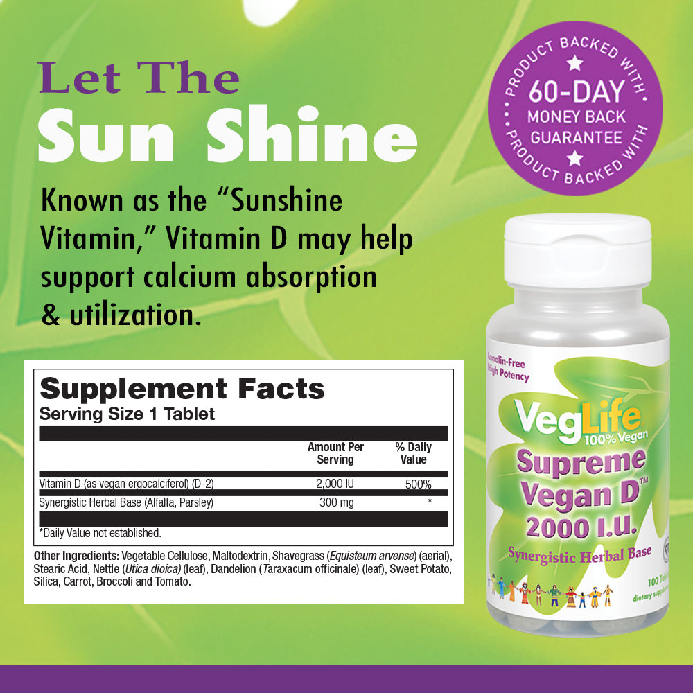 VegLife Supreme Vegan D 2000IU | Vitamin D-2 For Bone & Heart Health | High Potency, No Lanolin | 100 Vegan Tablets