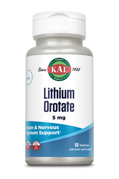 KAL Lithium Orotate 5mg , Low Serving Of Chelated Lithium Orotate For Bioavailability & Mood Support , In Organic Rice Bran Extract Base , 120 VegCaps