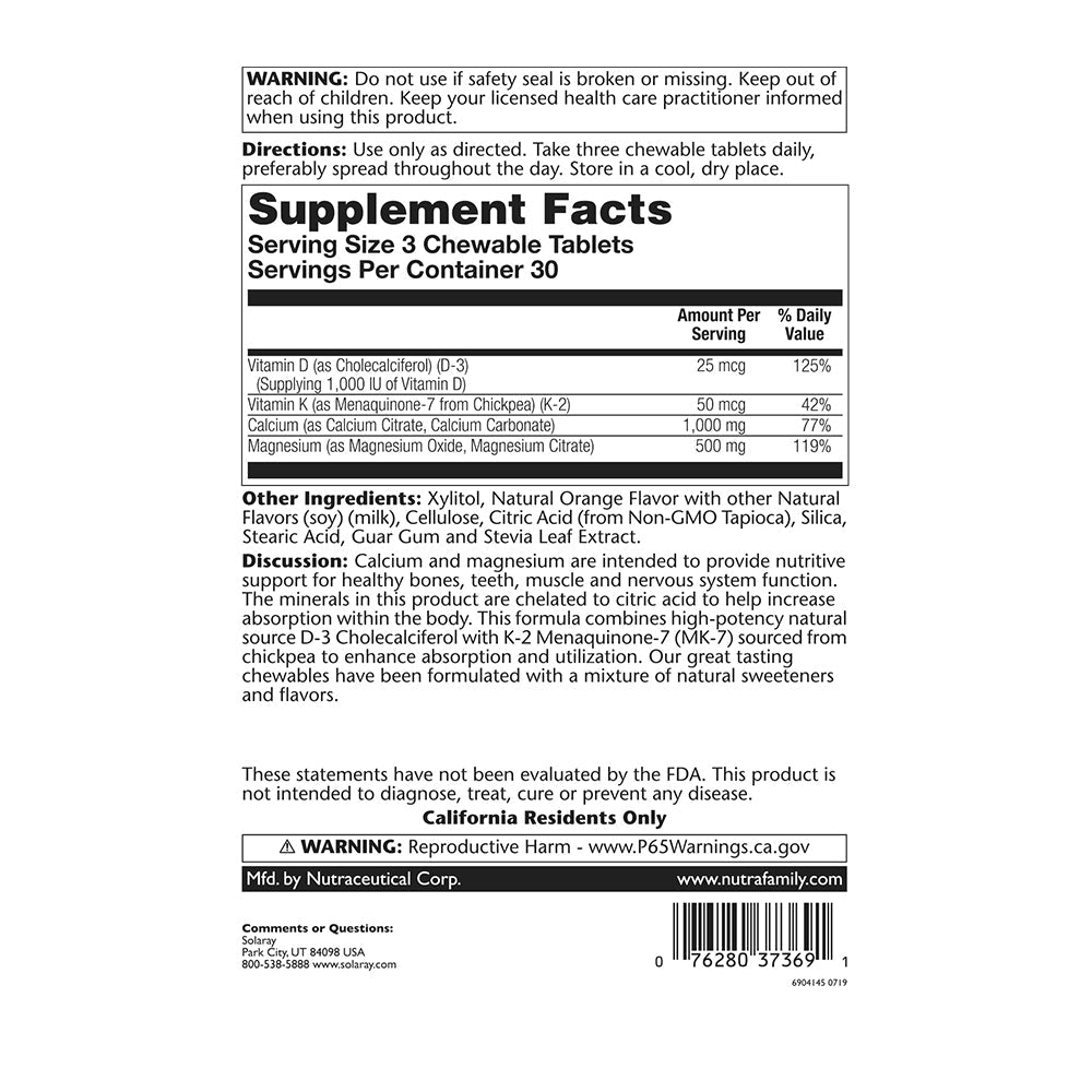 Solaray Cal-Mag Citrate Plus D-3 & K-2 Orange Chewables | 90 Count