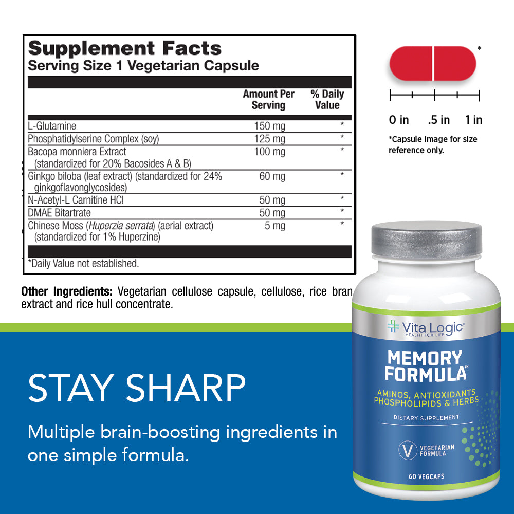 Vita Logic Memory Formula | Healthy Cognitive & Brain Function Support | Aminos, Antioxidants, Ginkgo & More | 60 Caps