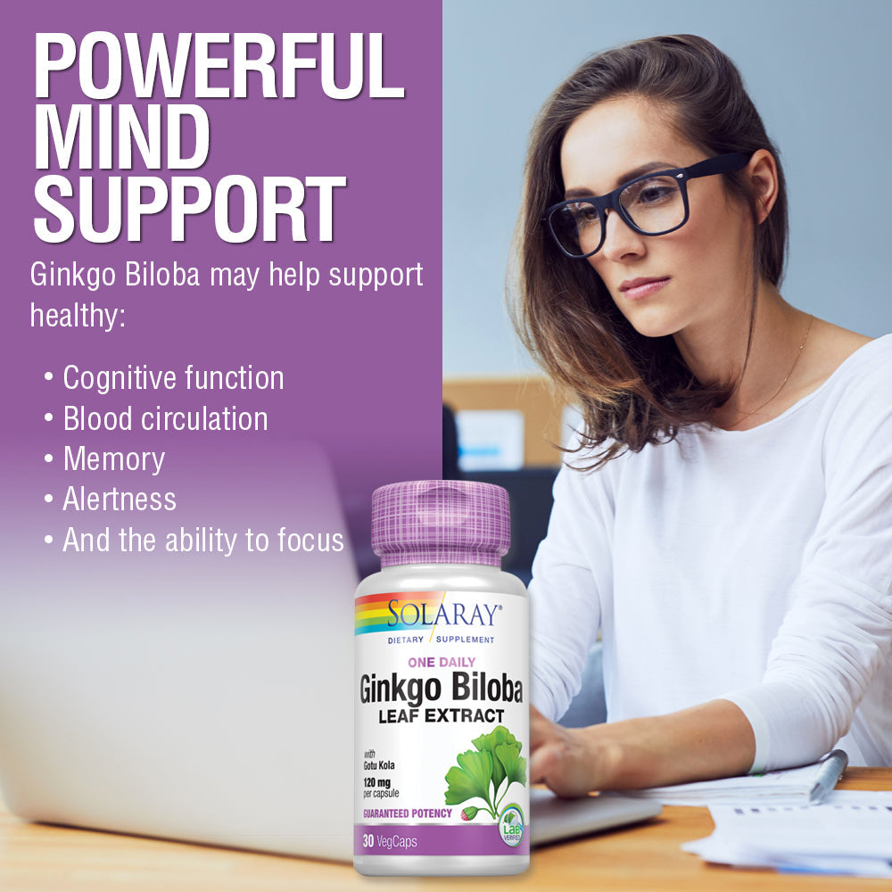 Solaray One Daily Ginkgo Biloba Leaf Extract | Healthy Blood Circulation, Memory & Brain Function Support (60 VegCaps)