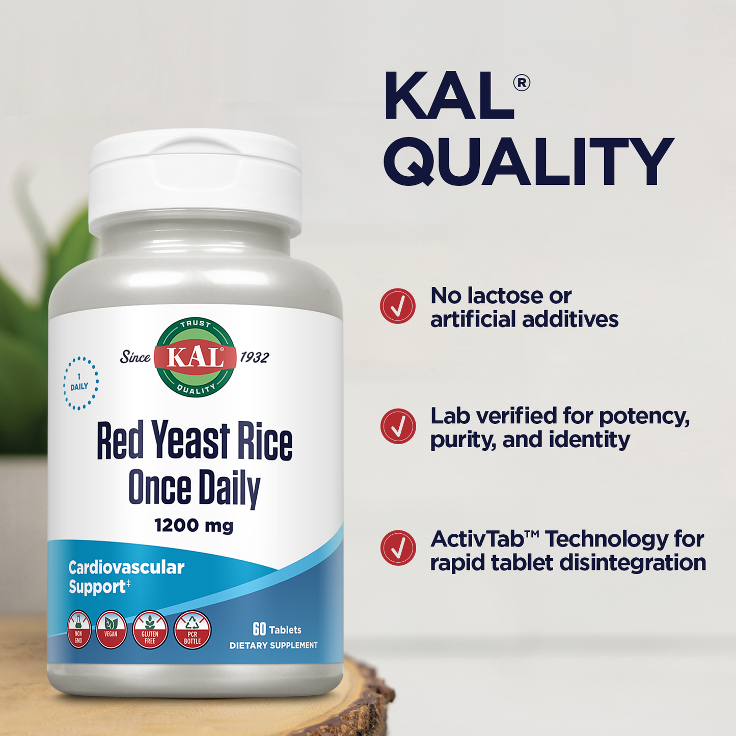 KAL Red Yeast Rice Once Daily 1200mg. Capsules With Unsaturated Fatty Acids, Amino Acids & Phytonutrients Rapid Disintegration 60 Tablets