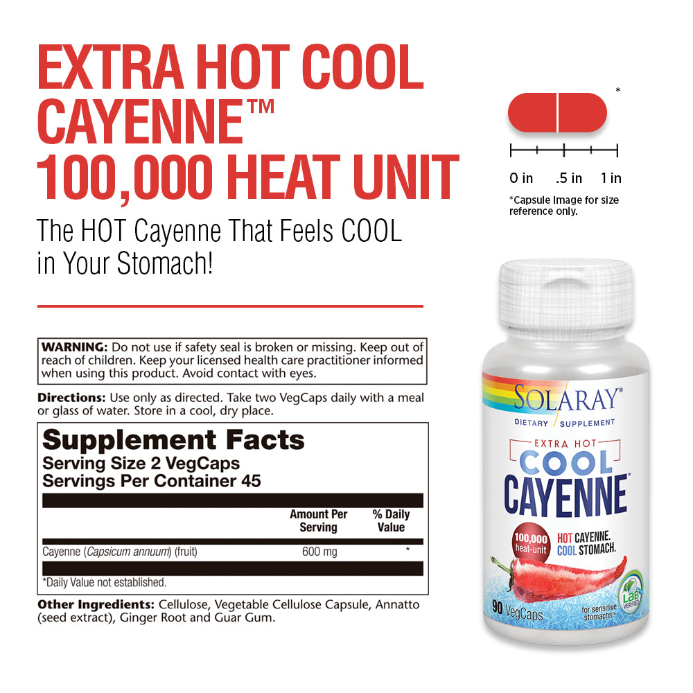 Solaray Extra Hot Cool Cayenne 100,000 HU | Healthy Digestion, Metabolism & Cardiovascular Support | 90 VegCaps