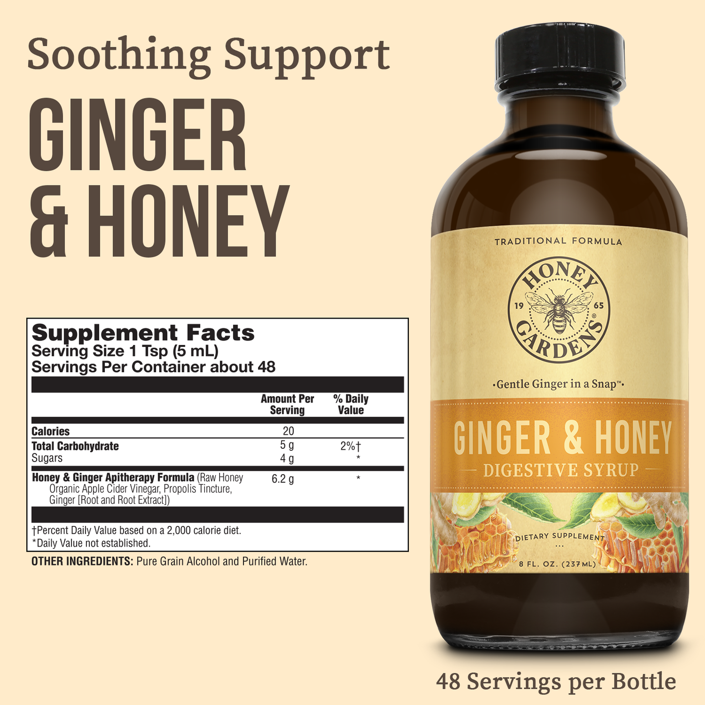 Honey Gardens Ginger and Honey Syrup with Organic Apple Cider Vinegar and Propolis - Ginger Root and Ginger Root Extract - Apitherapy Digestive Support Supplement - 8 FL OZ, 48 Servings