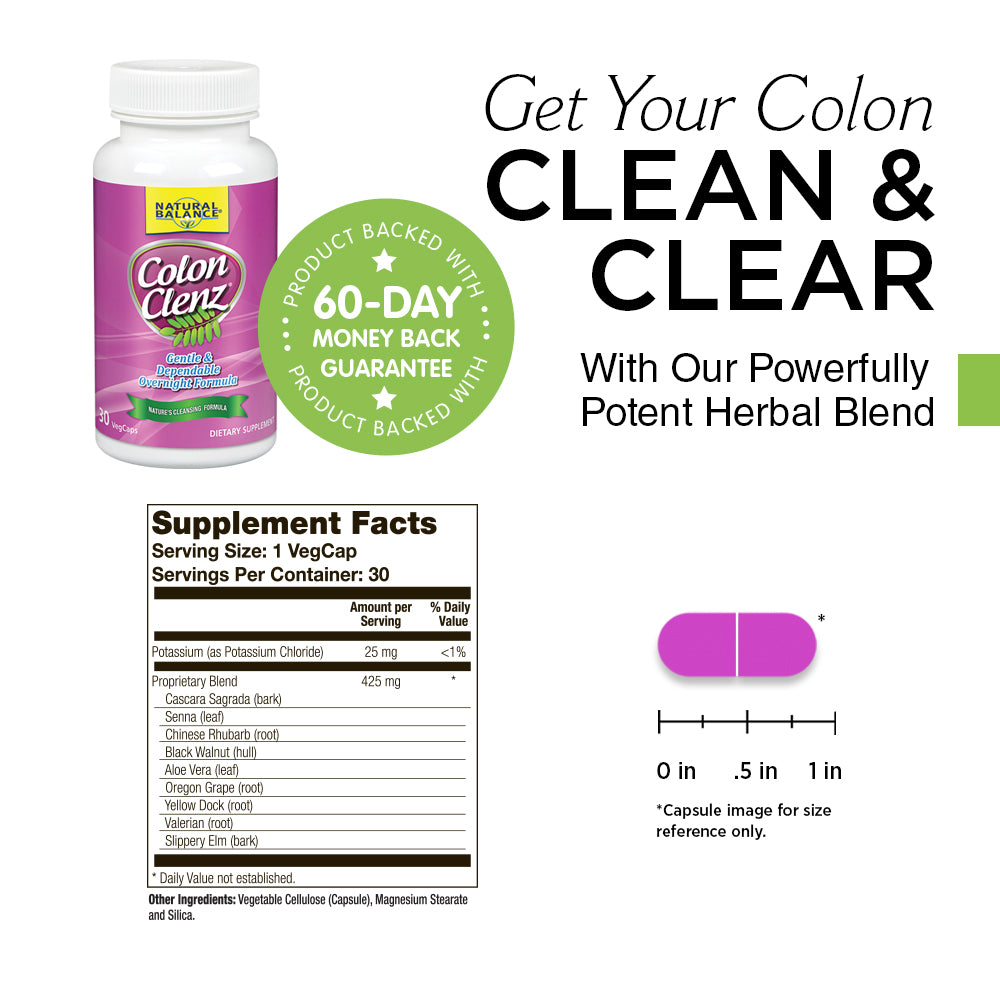 Natural Balance Colon Clenz, Herbal Colon Cleanse & Detox Supplement, Gentle & Dependable Overnight Formula 60ct (30 CT)