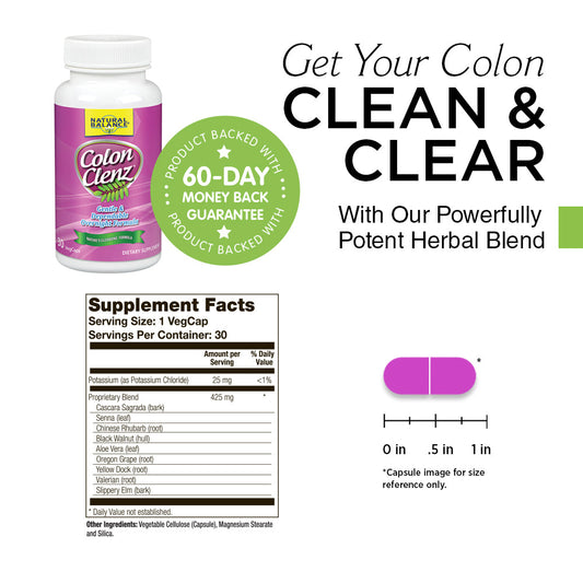 Natural Balance Colon Clenz, Herbal Colon Cleanse & Detox Supplement, Gentle & Dependable Overnight Formula 60ct (30 CT)