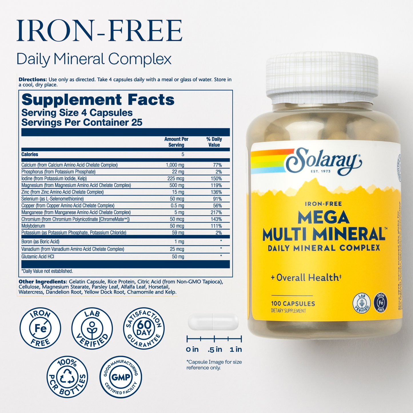 Solaray Mega Multi Mineral No Iron, Vitamin Capsules (076280045147) (100 Capsules, 25 Servings)