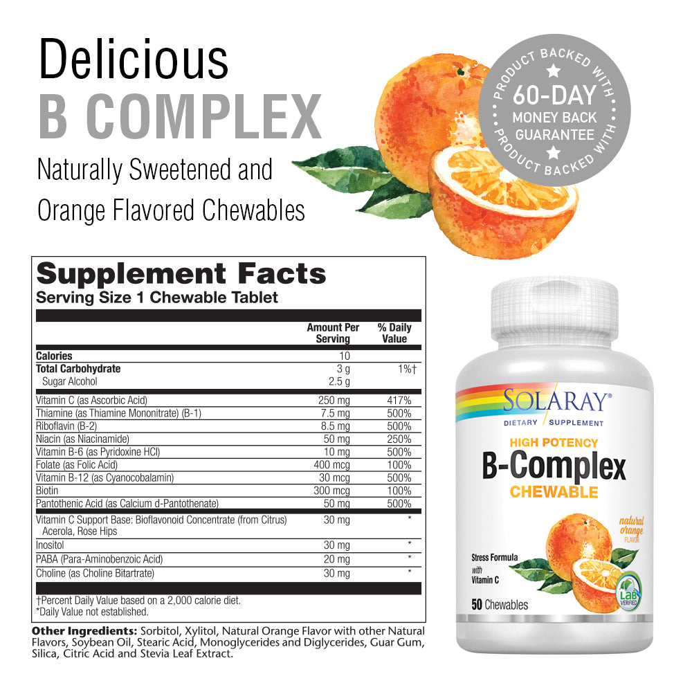 Solaray Vitamin B-Complex 250mg Natural Orange Flavor | Healthy Hair, Skin, Immune Function & Metabolism Support | Lab Verified | 50 Chewables