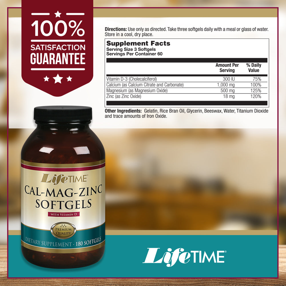 Lifetime Calcium Magnesium Zinc w/ Vitamin D | Support Bone, Muscle & Immunity Health | Easy Absorption | Softgel Capsule | 180 Capsules, 60 servings