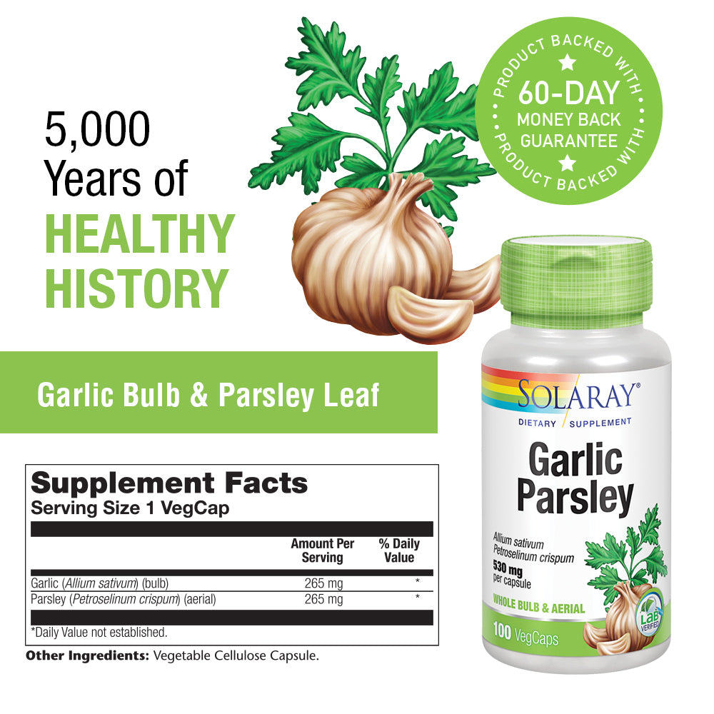 Solaray Garlic Bulb & Parsley Leaf 530mg | Healthy Cardiovascular and Immune System Function Support | Non-GMO, Vegan & Lab Verified | 100 VegCaps