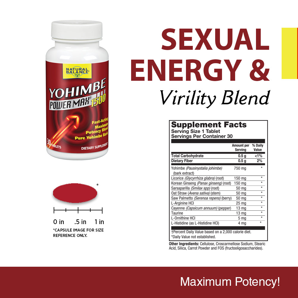 Natural Balance Yohimbe PowerMax 1500 | Sexual Energy & Virility Support w/ Yohimbe, Ginseng & Taurine | 30 CT