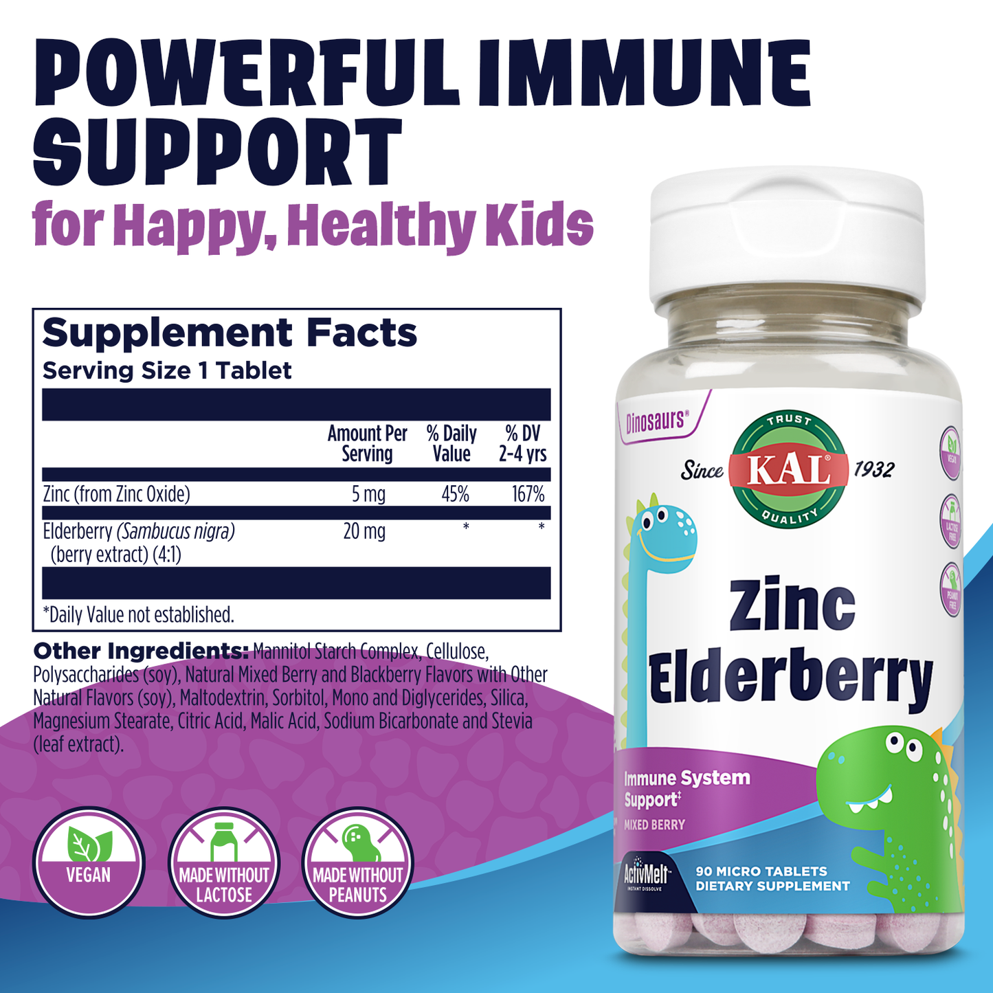 KAL Kids Zinc Elderberry Dinosaurs, Immune Support Supplement* for Children w/ Sambucus Elderberry, Fast Dissolving Mixed Berry ActivMelts, Fun, Tasty Dino Shapes, Vegan, 90 Servings, 90 Micro Tablets