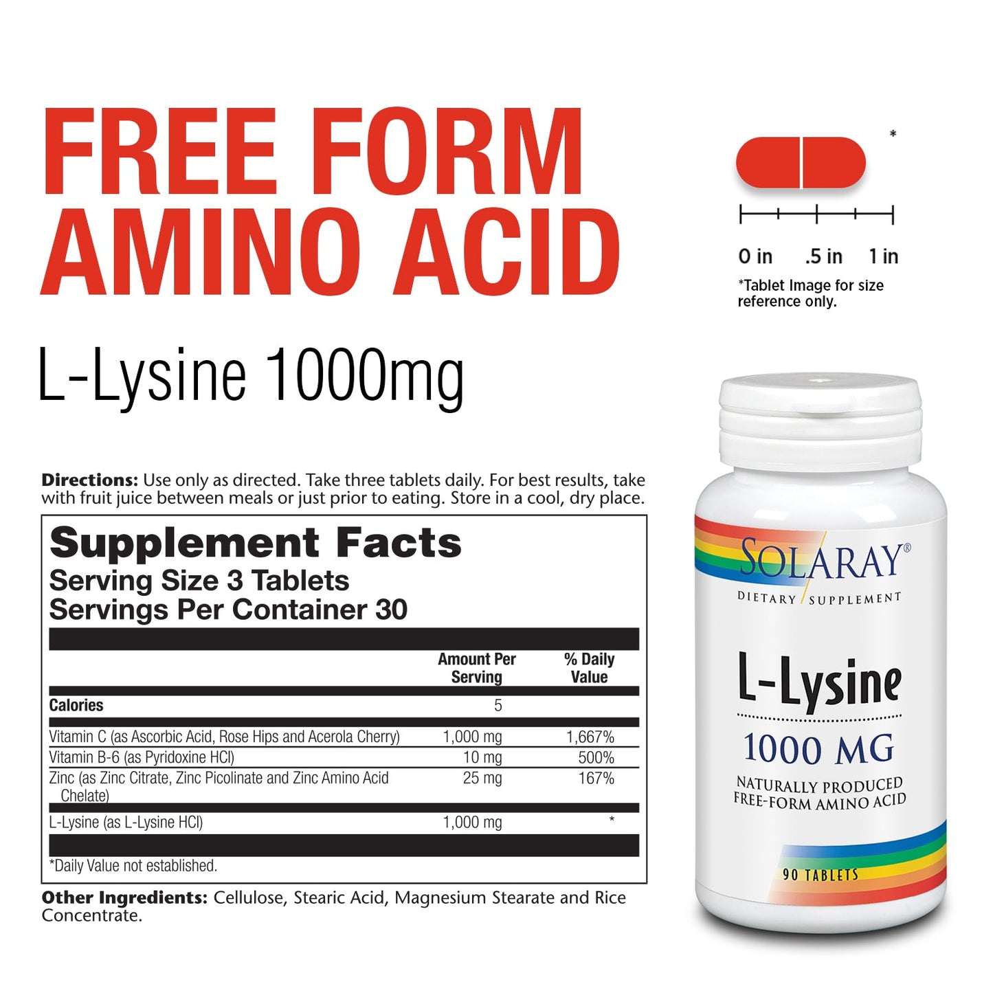 Solaray L-Lysine, Free-Form 1000 mg, Essential Amino Acid Immune Support Supplement with Vitamin C 1,000 mg and Zinc 25 mg, Lab Verified, 60-Day Guarantee, 30 Servings, 90 Tablets