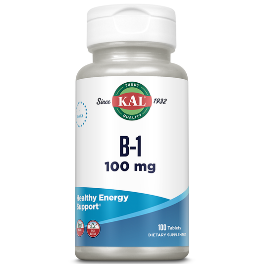 KAL Vitamin B1 100 mg, Thiamine Supplement for Metabolism, Healthy Energy, Skin, Nervous System, Heart Health and Brain Support, Vegan Vitamin, 60-Day Money Back Guarantee, 100 Servings, 100 Tablets