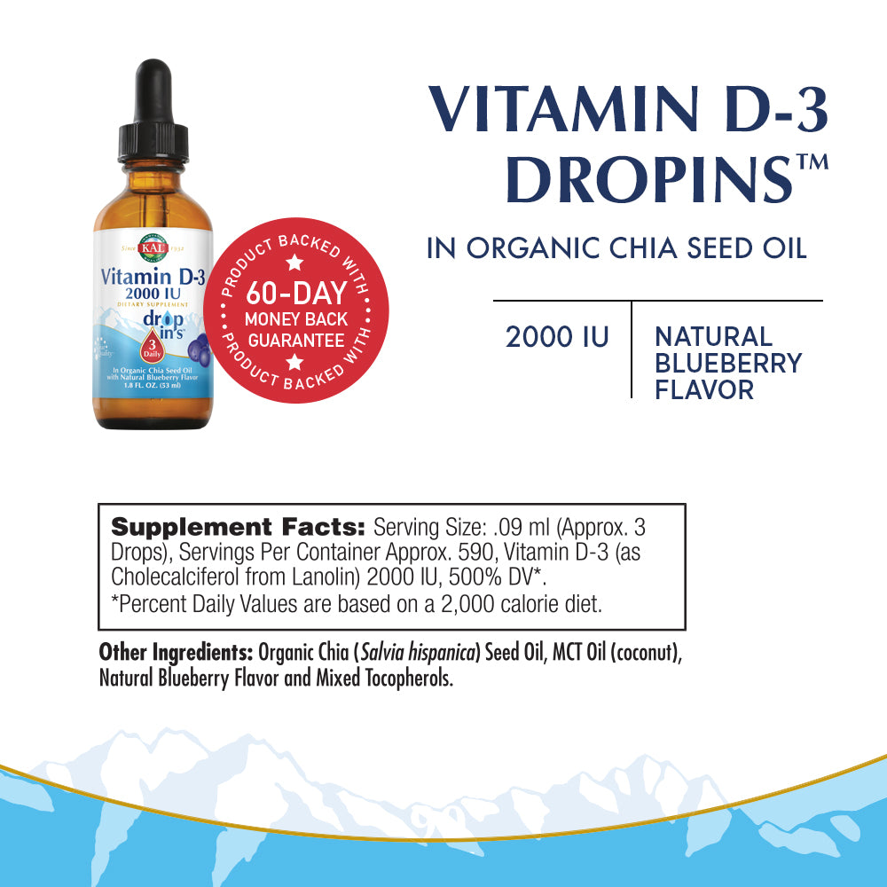 KAL Vitamin D-3 2000 IU Dropins in Organic Chia Seed Oil, Natural Blueberry | Healthy Immune & Bone Support | 590 Serv.