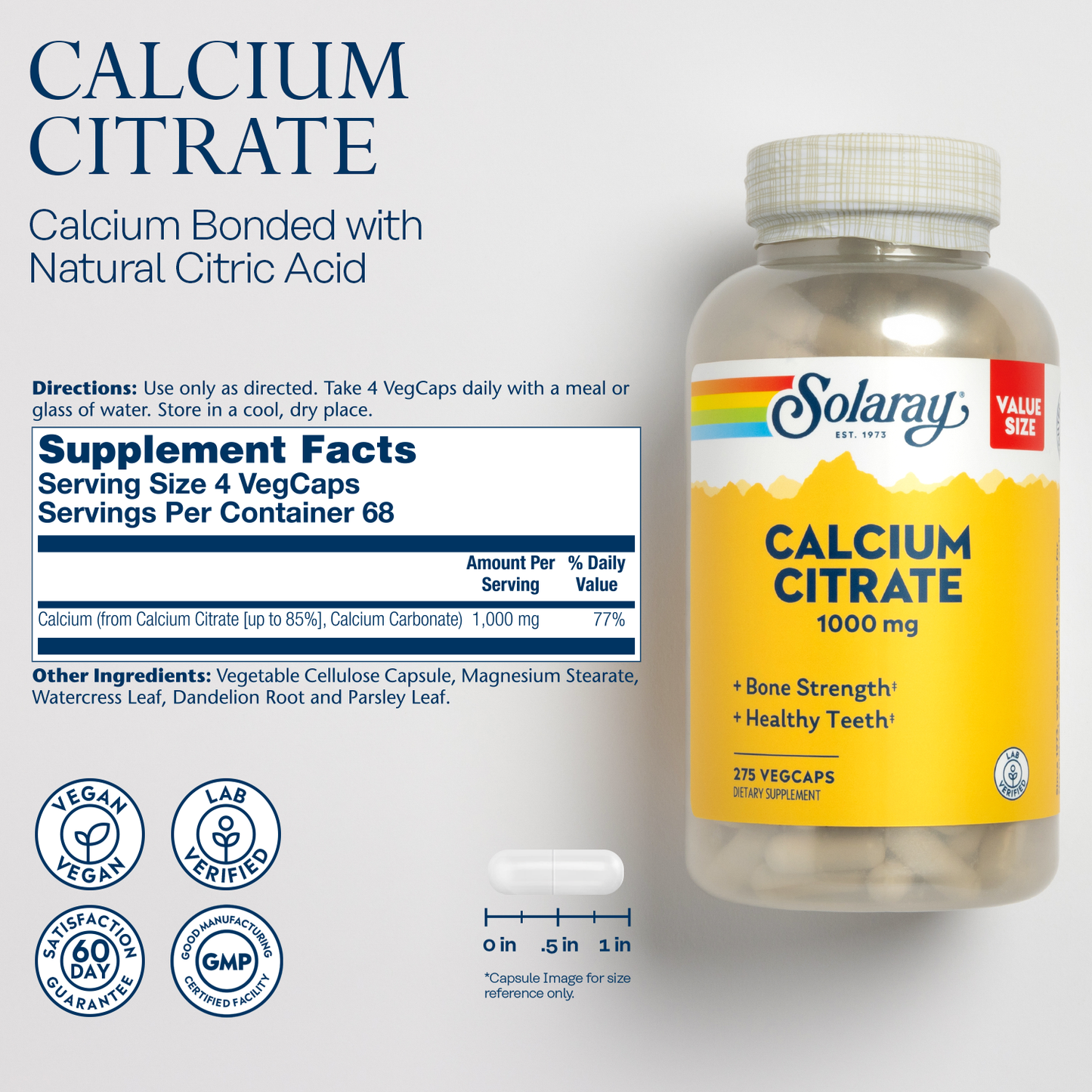 Solaray Calcium Citrate 1000mg, Chelated Calcium Supplement for Bone Strength, Healthy Teeth & Nerve, Muscle & Heart Function Support, Easy to Digest, 60-Day Guarantee, Vegan | 30 Servings | 120ct (68 Serv, 275 Count)