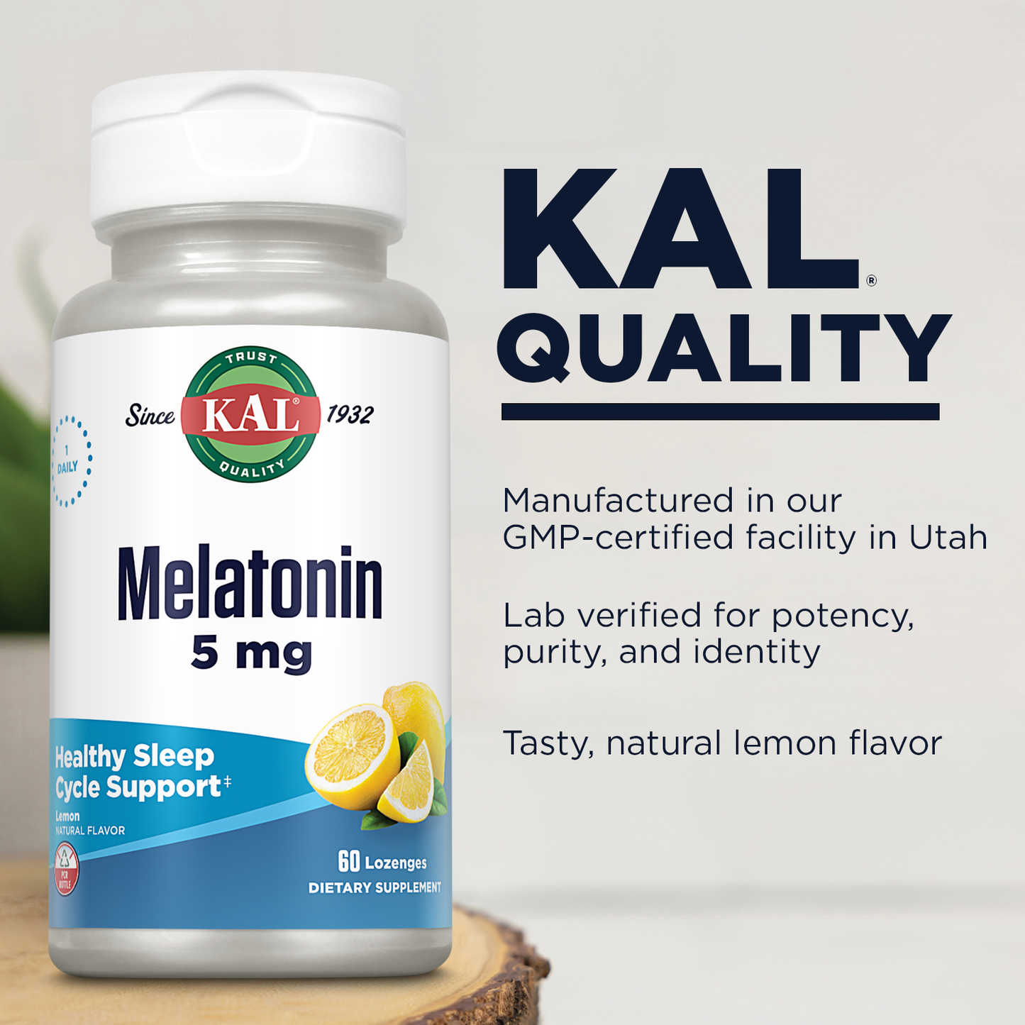 KAL Melatonin 5mg Sleep Aid Lozenges, Melatonin Supplement Supports Sleep Quality, Calming Relaxation and a Healthy Sleep Cycle, with Added Vitamin B6, Vegetarian, Natural Lemon Flavor, 60 Lozenges