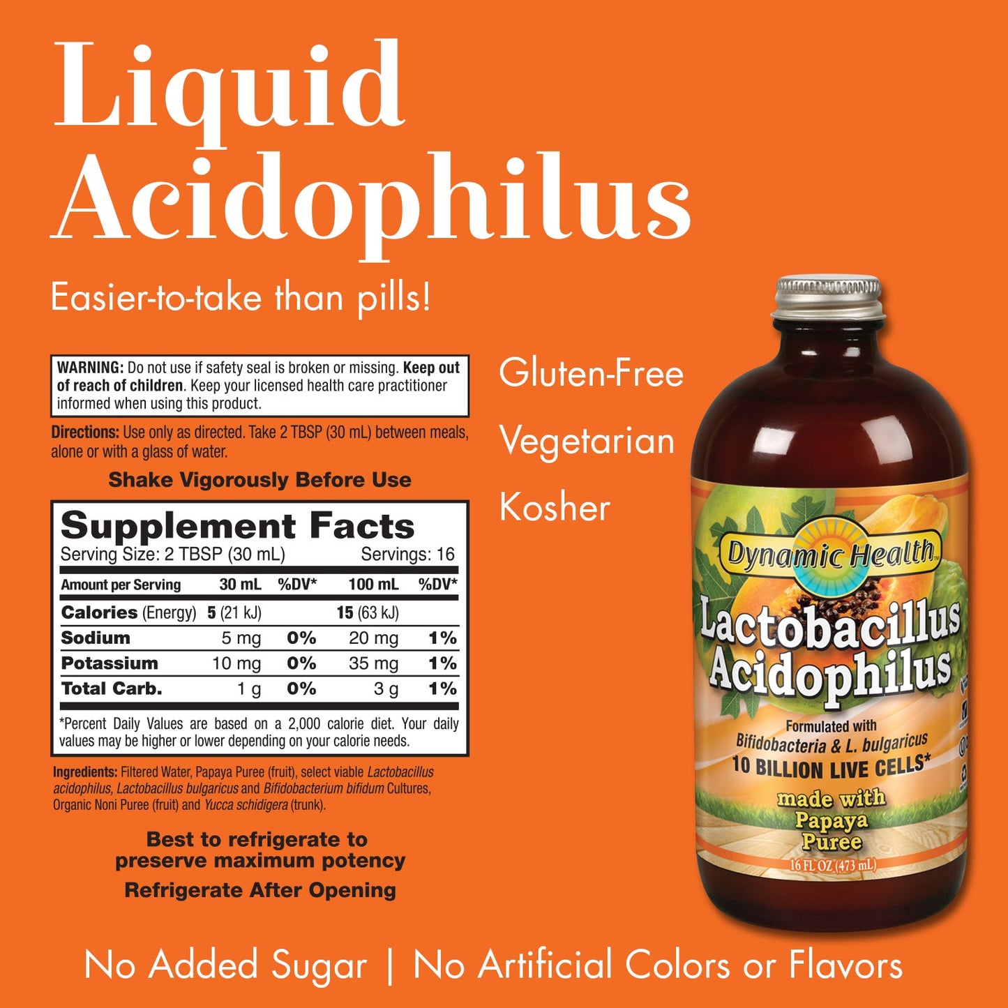 Dynamic Health Lactobacillus Acidophilus, Papaya Puree | Probiotic Intestinal Health | 10 Billion CFU | 16FL OZ, 16 Serv