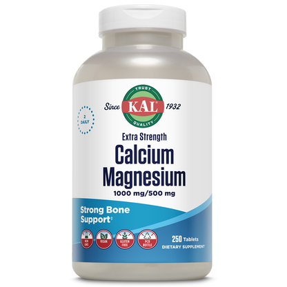 KAL Extra Strength Calcium Magnesium | 1000mg/500mg | Healthy Bones, Teeth, Nerve & Muscle Support | Rapid Disintegration | Vegetarian | 250 Tablets