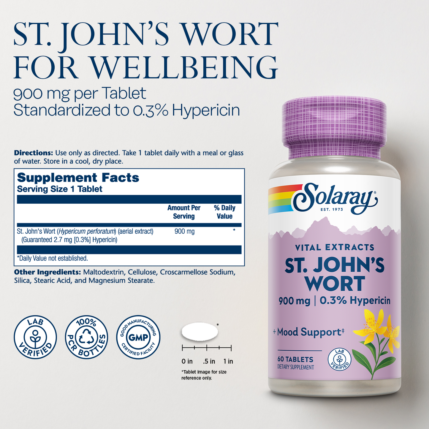 Solaray St. Johns Wort Aerial Extract One Daily 900mg , Standardized w/ 0.3% Hypericin for Mood Stability & Brain Health Support, Non-GMO , 60 Ct