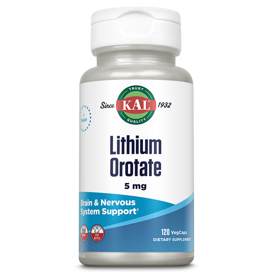 KAL Lithium Orotate 5mg , Low Serving Of Chelated Lithium Orotate For Bioavailability & Mood Support , In Organic Rice Bran Extract Base , 120 VegCaps