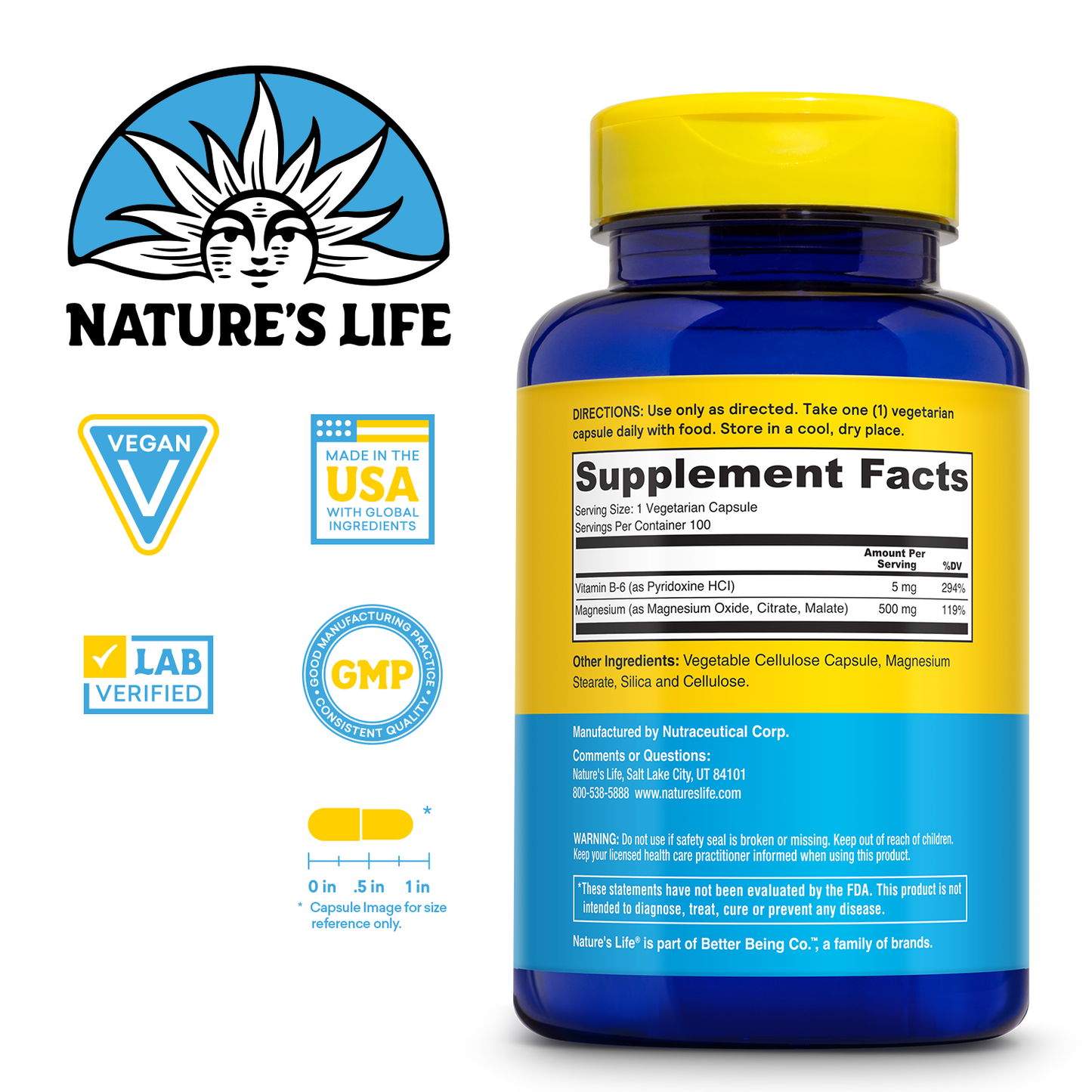 Nature’s Life Renewing Magnesium 500 mg - Magnesium Citrate, Magnesium Malate, Magnesium Oxide Plus Vitamin B-6 - Muscles and Nerves Support - Lab Verified (100 Servings, 100 VegCaps)