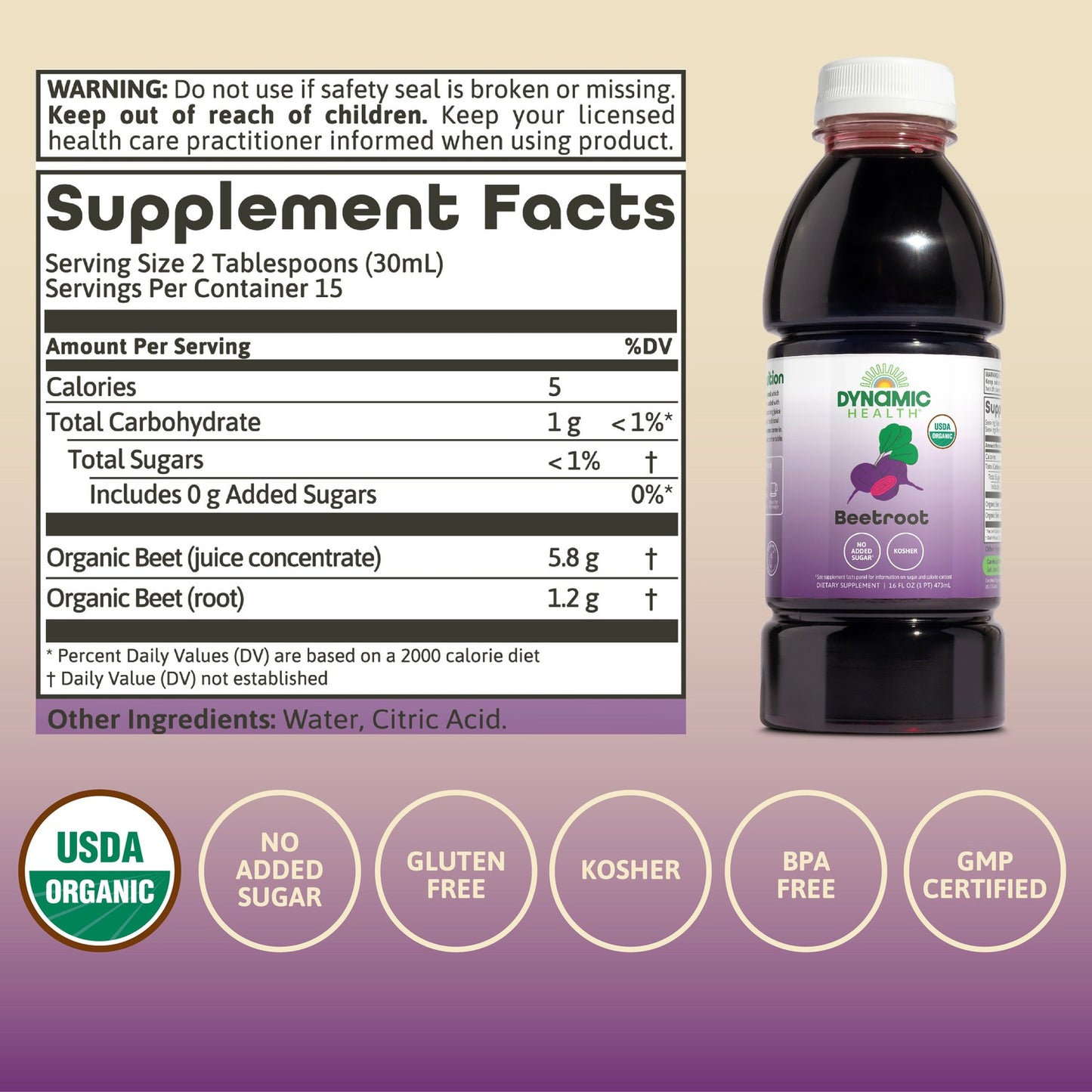 Dynamic Health Certified Organic Beetroot Juice Concentrate Dietary Supplement, No Added Sugar, Artificial Colors, Preservatives, BPA-Free, Gluten-Free, 16 oz