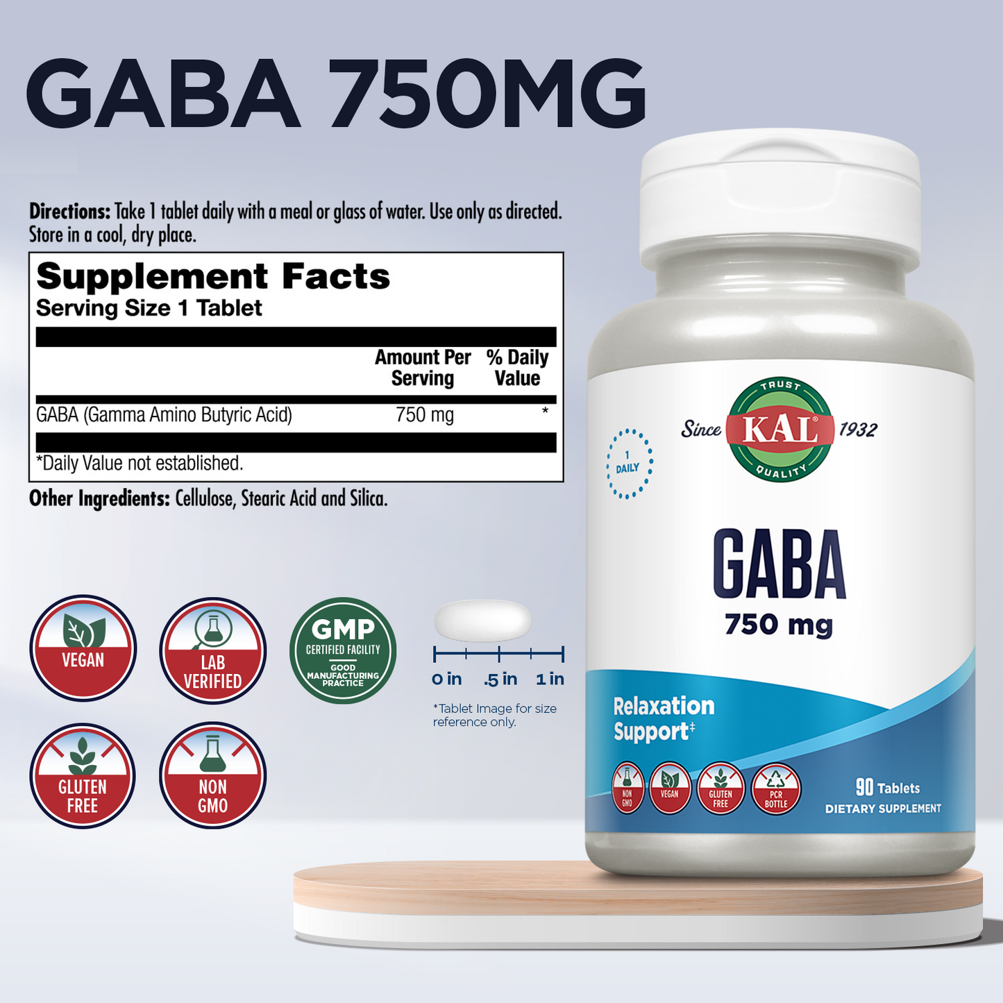 KAL GABA Supplement, Relaxation Support, GABA Supplements, Vegan, Non-GMO, Gluten Free, Lab Verified, 60-Day Money-Back Guarantee, 90 Servings, 90 Tablets