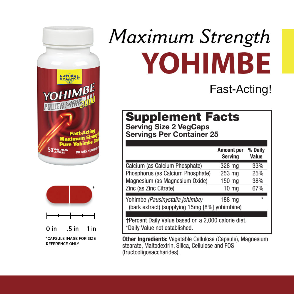 Natural Balance Yohimbe PowerMax 2000 | Maximum Strength Formula w/ Pure Yohimbe Bark | Sexual Energy & Virility Supplement | 50 VegCaps, 25 Serv.